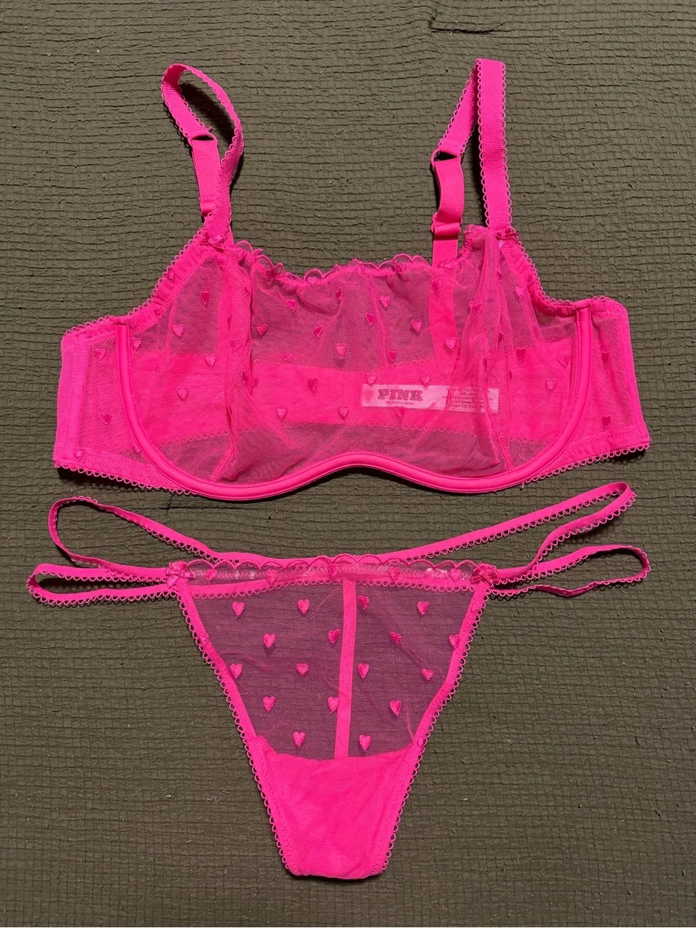 PINK Victoria's Secret Hot Pink Sheer Heart Mesh Bra & Thong Set